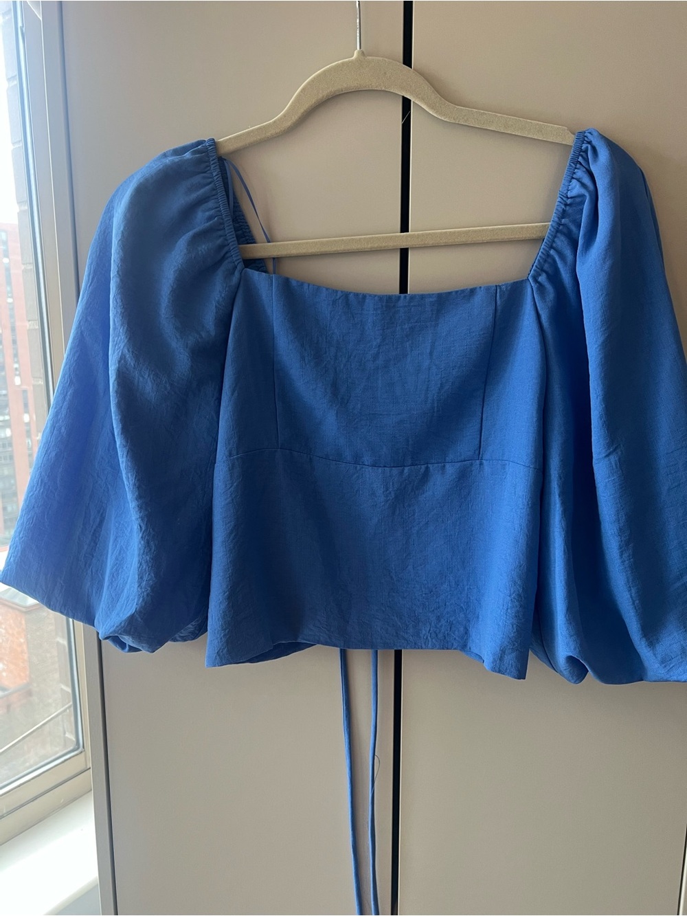 Blue Square-Neck Puff-Sleeve Crop Blouse
